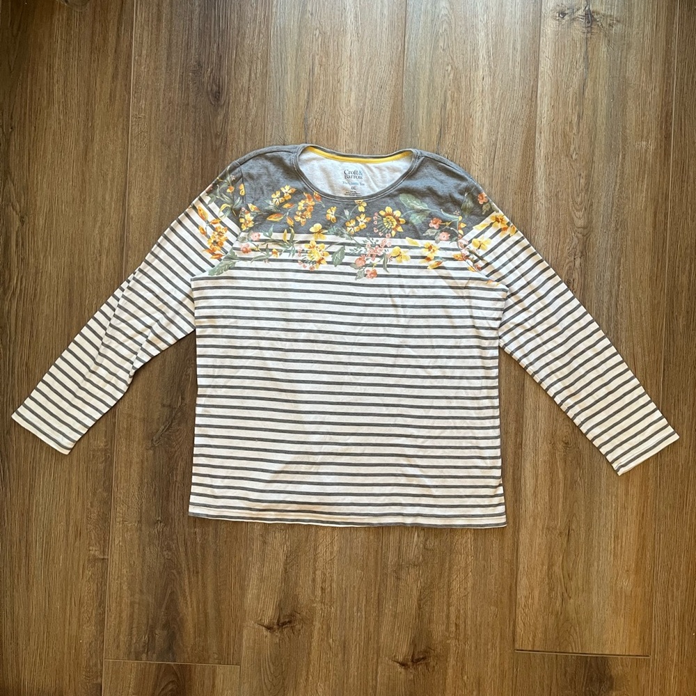 Grey/ White Stripe Croft & Barrow Crewneck Three-Quarter-Sleeve Top